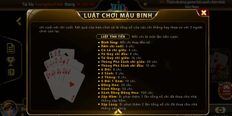 Luật chơi bài mậu binh Vicclub chi tiết