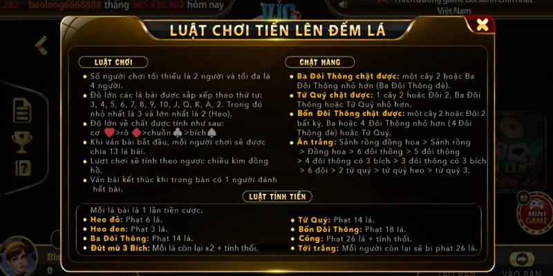 Luật chơi cơ bản của tiến lên đếm lá cho cược thủ